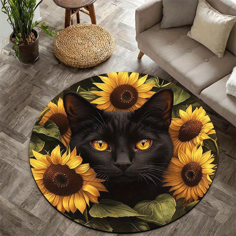 Black Cat and Sunflower Style Flannel-printed Round Floor Mats Are Slip-resistant Suitable Living Room Terrace Garden Carpets