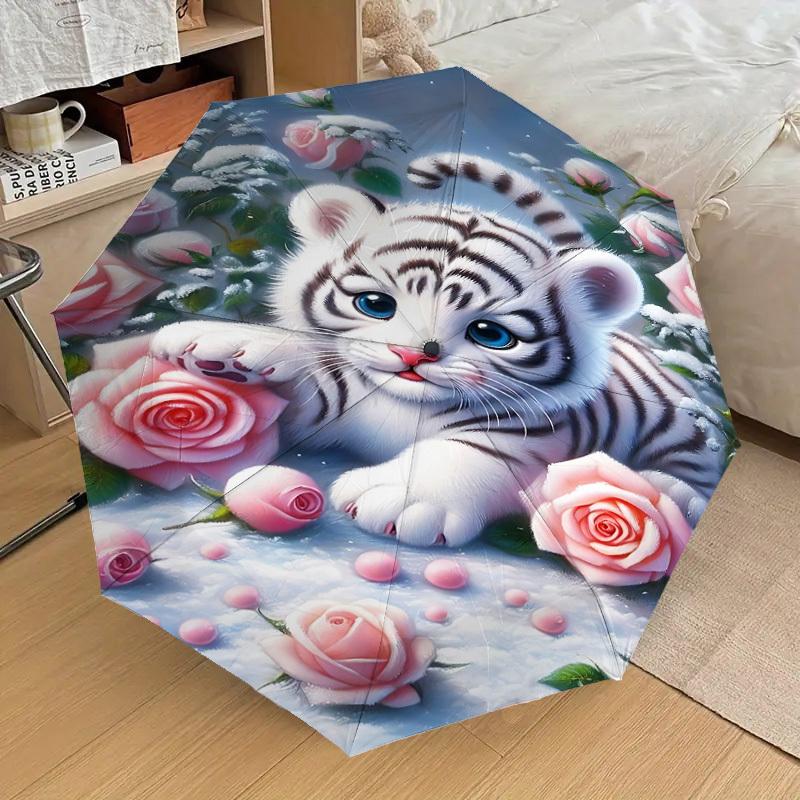 1PC tiger cub, pink roses Automatic Open/Close Umbrella with Windproof, 8-Rib Sturdy Canopy, Durable Ribs, Fashionable Design, Outdoor Accessory, Fun