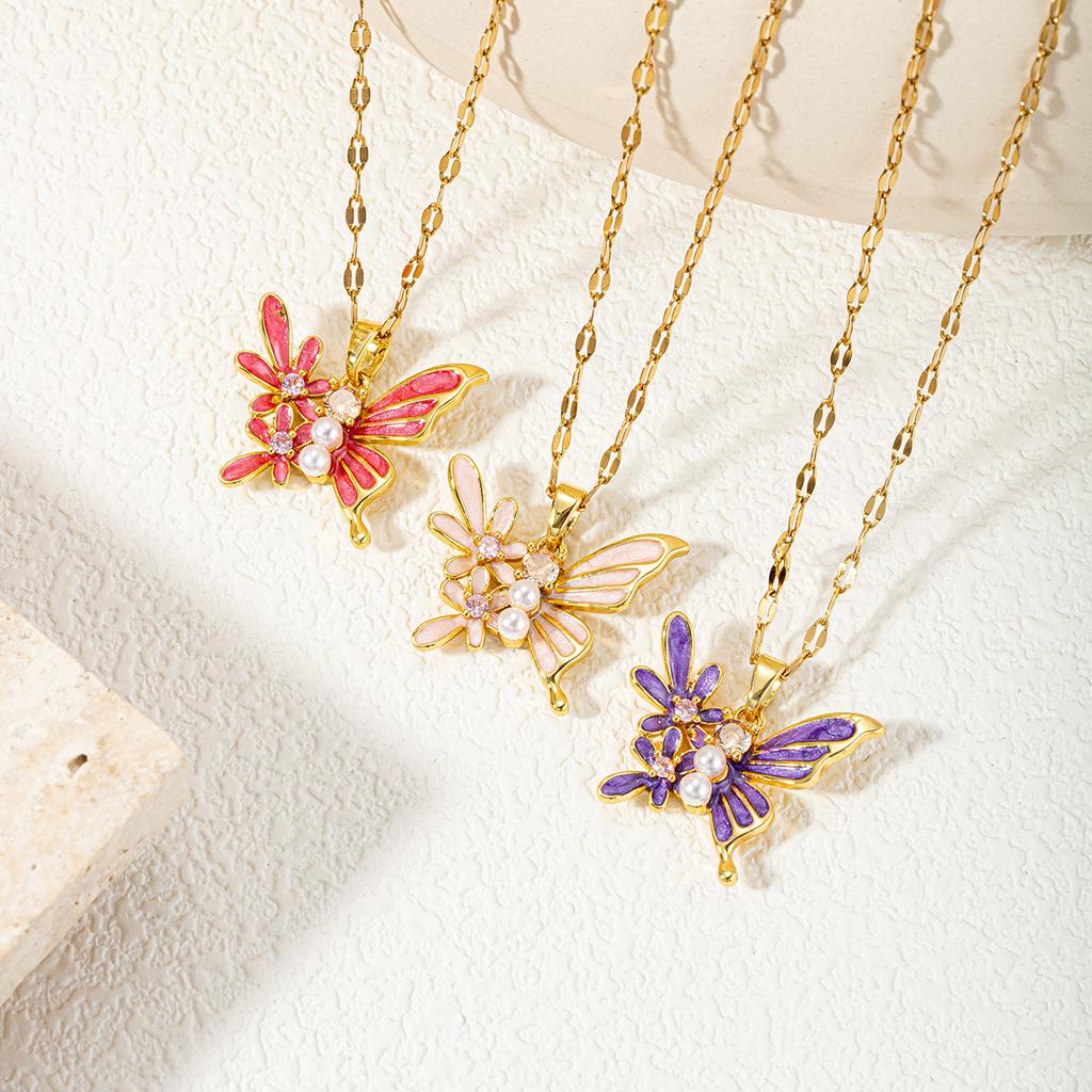 Sweet Enamel Butterfly Necklace Gold Color Pearl CZ Choker Necklaces for Women Fashion Jewelry
