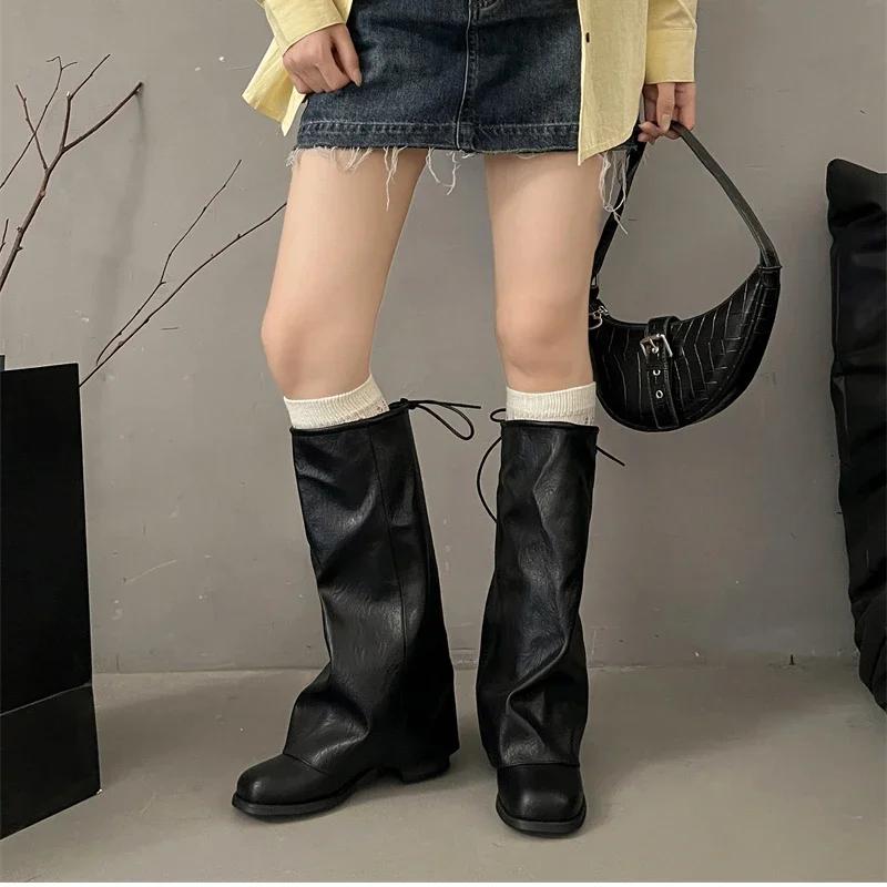 Vintage Thick Heel Women Trouser Legs Boots Fashion Ladies Round Toe Knight Long Booties Botas De Inverno Feminina