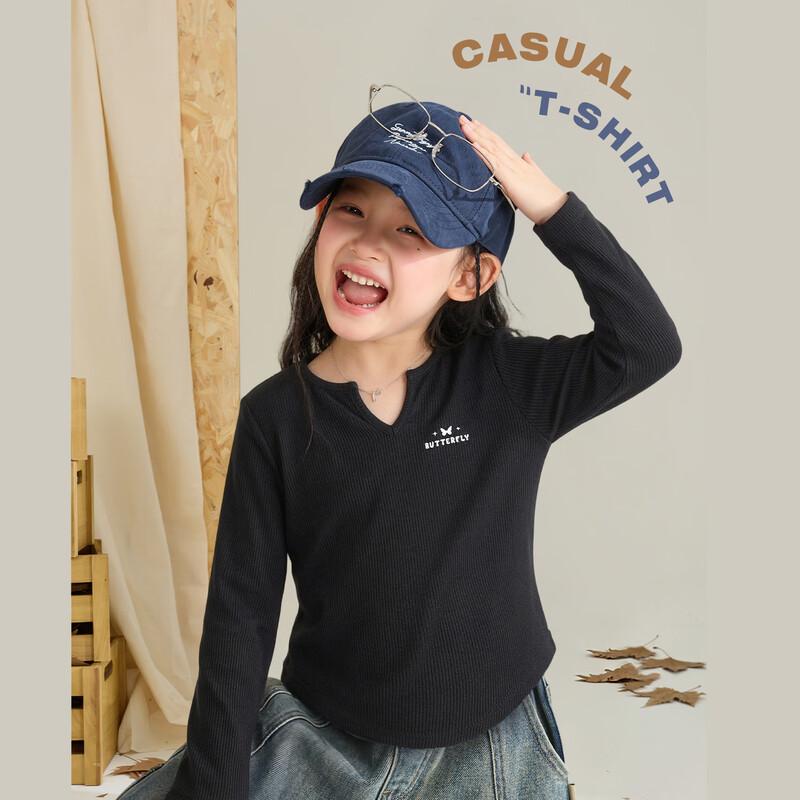 Girls' V-Neck Ribbed Long Sleeve Slim Fit T-Shirt
