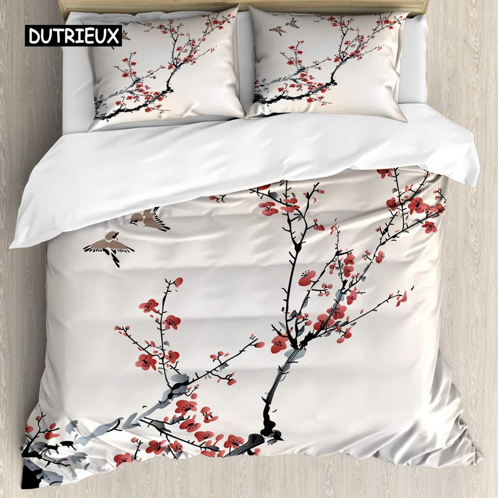 Kirschblüten Tagesdecke Abdeckung Japanischer Kirschbaum Rosa Floral Frühling Vintage Kulturelle Naturlandschaft Schlaf Bettwäsche Paket Damen Mädchen