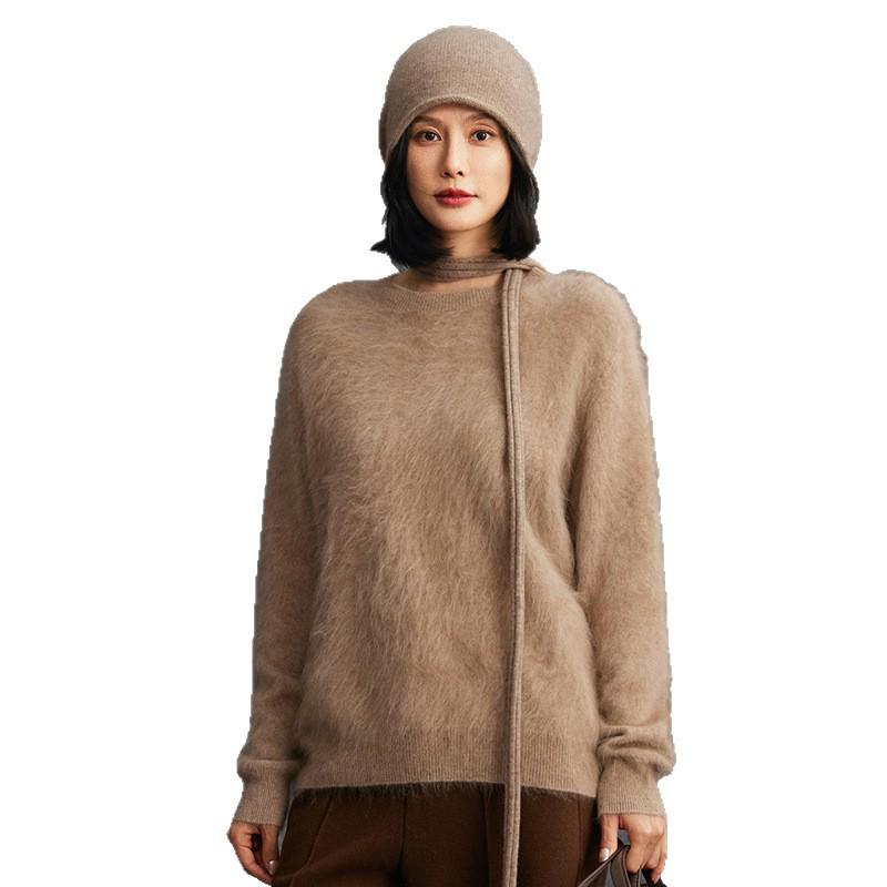 Cashmere Women's Round Neck Brushed Knit Sweater - 2025 Autumn/Winter Collection.