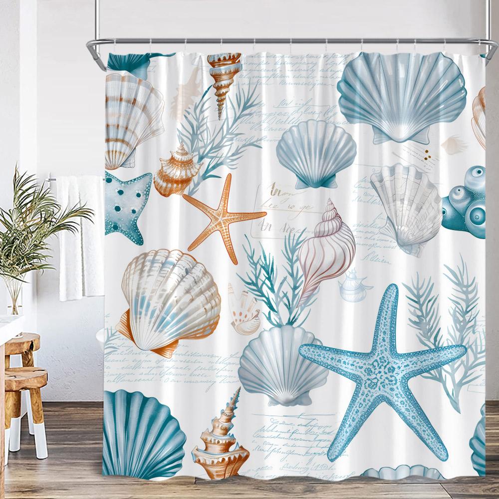 Nautical Sea Blue Shower Curtain Seashell Coral Seafish Seaweed Rudder Conch Ocean Bathroom Decoration Polyester Bathtub Curtain