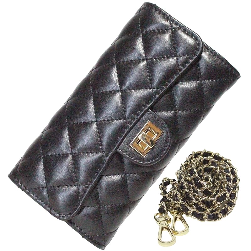 

[S.P.Lab] Hishiko black shoulder wallet lamb leather long wallet genuine leather ladies with chain wallet quilting folding bifold wallet bifold wallet