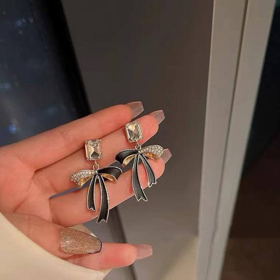 Yousheng 1 Pair Dangle Earrings Shiny Rhinestone Inlaid Sparkling Temperament Geometric Women Ribbon Bow Stud Earrings Party Jewelry Gift for Wedding