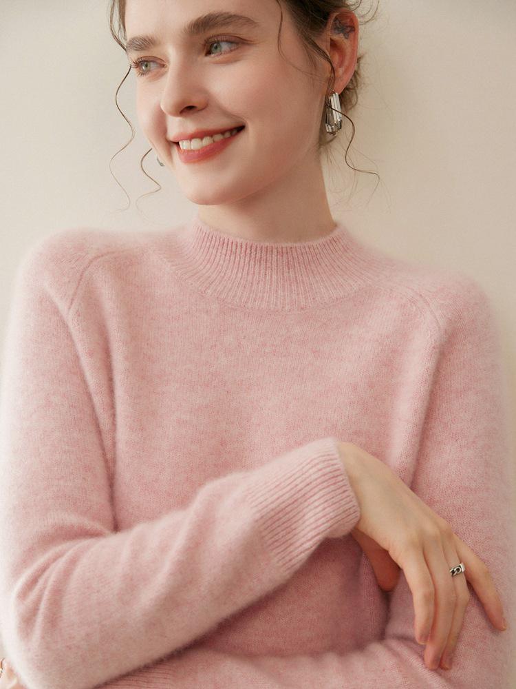 Women's 100% Pure Cashmere Sweater - Autumn/Winter Thick Half-High Collar Knit Base Layer, Loose Slimming Short Style