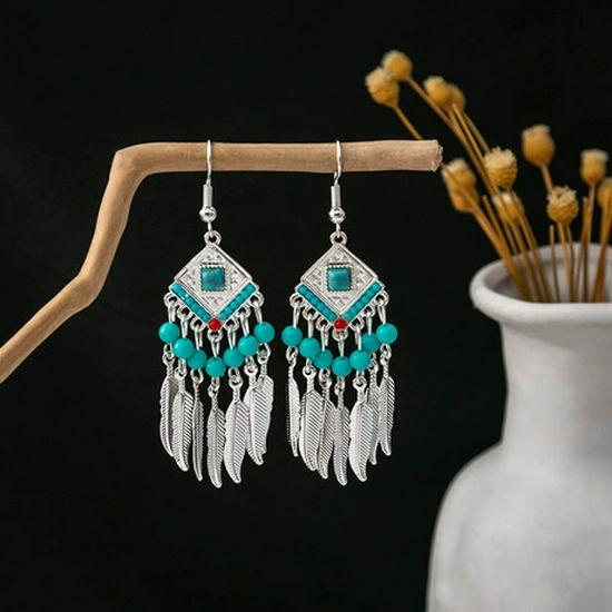 Peacock Tassel Earrings with Hollow Leaf Design in Retro Ethnic Style Imitation Silver for Women