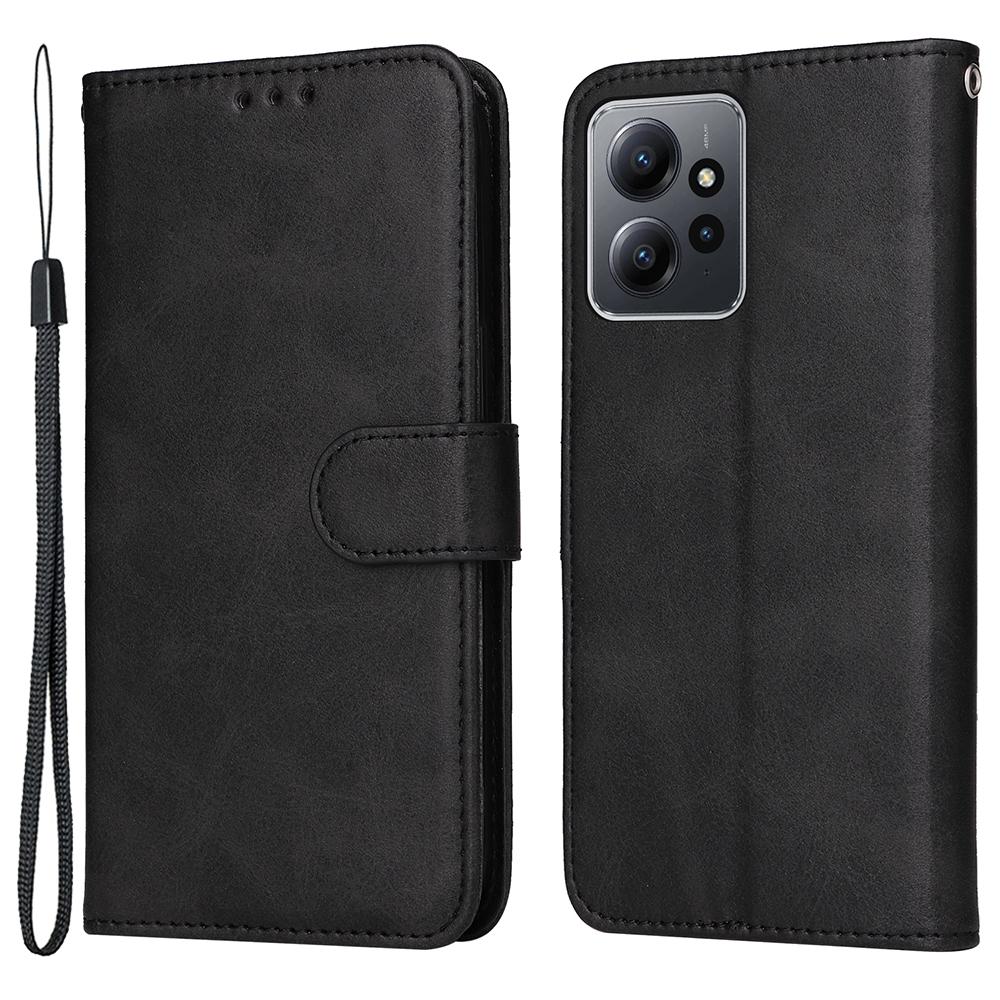 

For Xiaomi Redmi Note 12 4G Calf Texture Leather Phone Case Stand Wallet Phone Cover with Strap Black