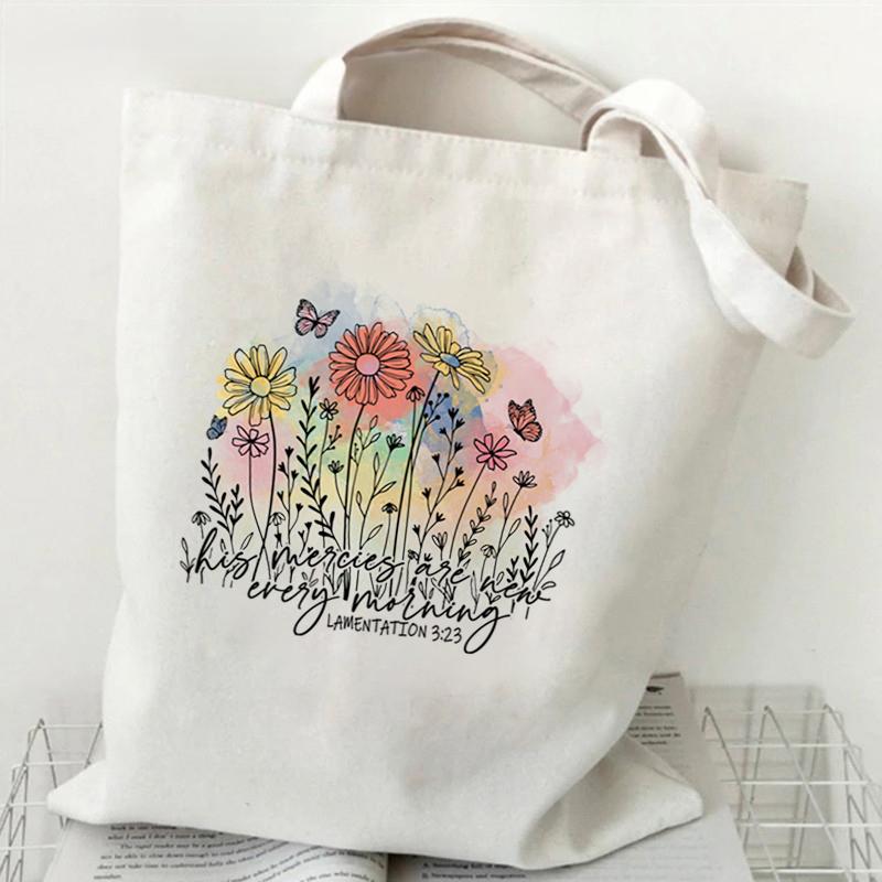 Fancy Style Studio Cadeau voor Christenen Canvas Boodschappentas Groei in Genade Religieus Christelijk Geloof Patroon Schoudertassen Wilde Bloemen Dames Handtassen