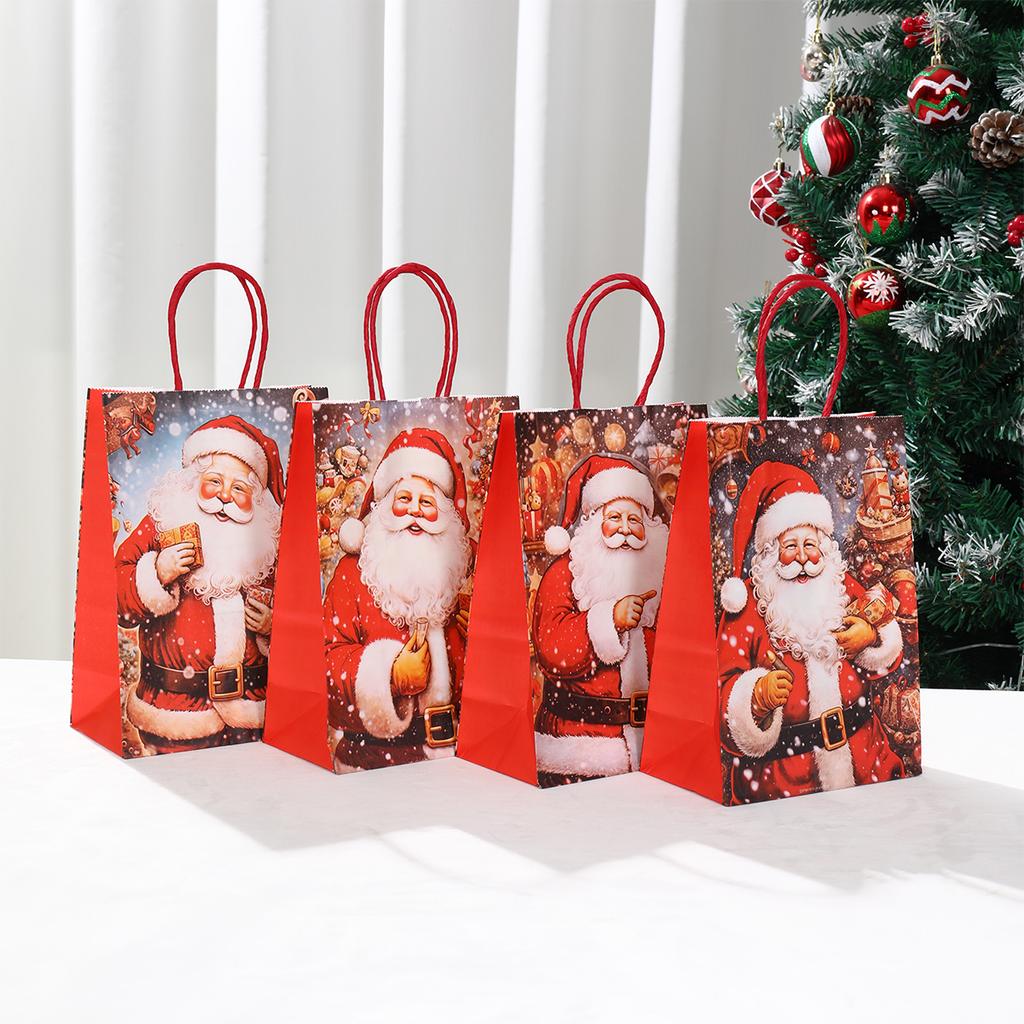 4PCS Christmas Gift Bag Kraft Paper Bags Merry Christmas Decoration 2024 For Home Cristmas Navidad New Year Gifts Packing Bags