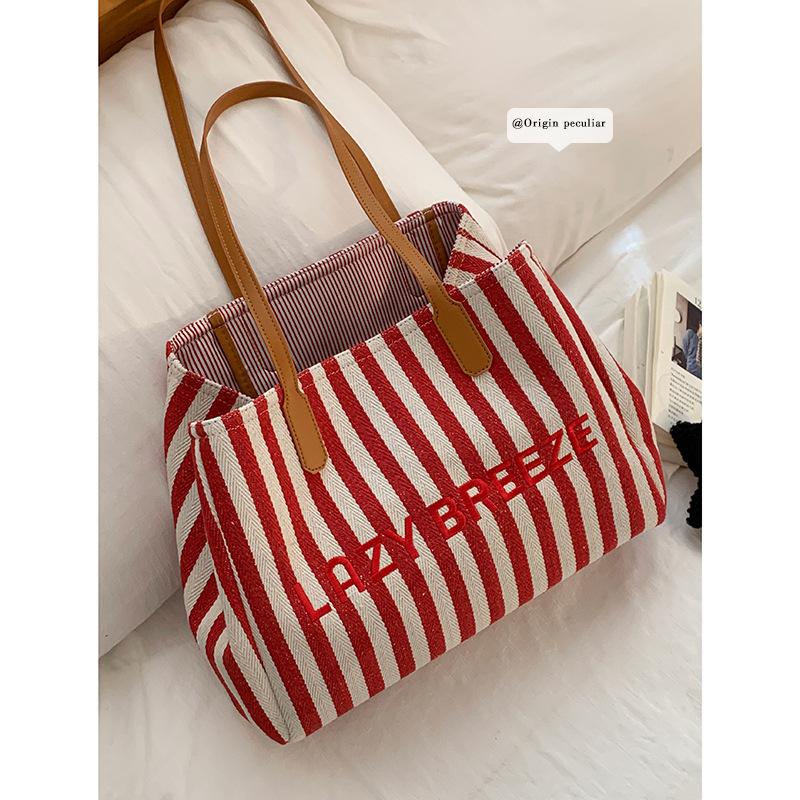 Casual Large-capacity Underarm Bag Women's  New Striped Canvas Bag Fashionable Shoulder Tote Bag
