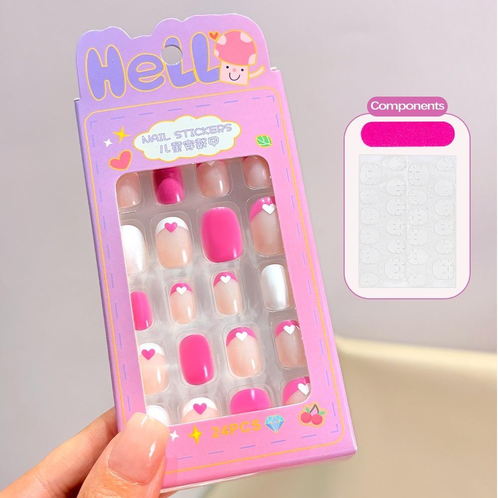24Pcs/Box Cartoon Kids Press On Nails Black Flower French Tips False Nails Full Cover Fake Nails for Children Daily Holiday Wear