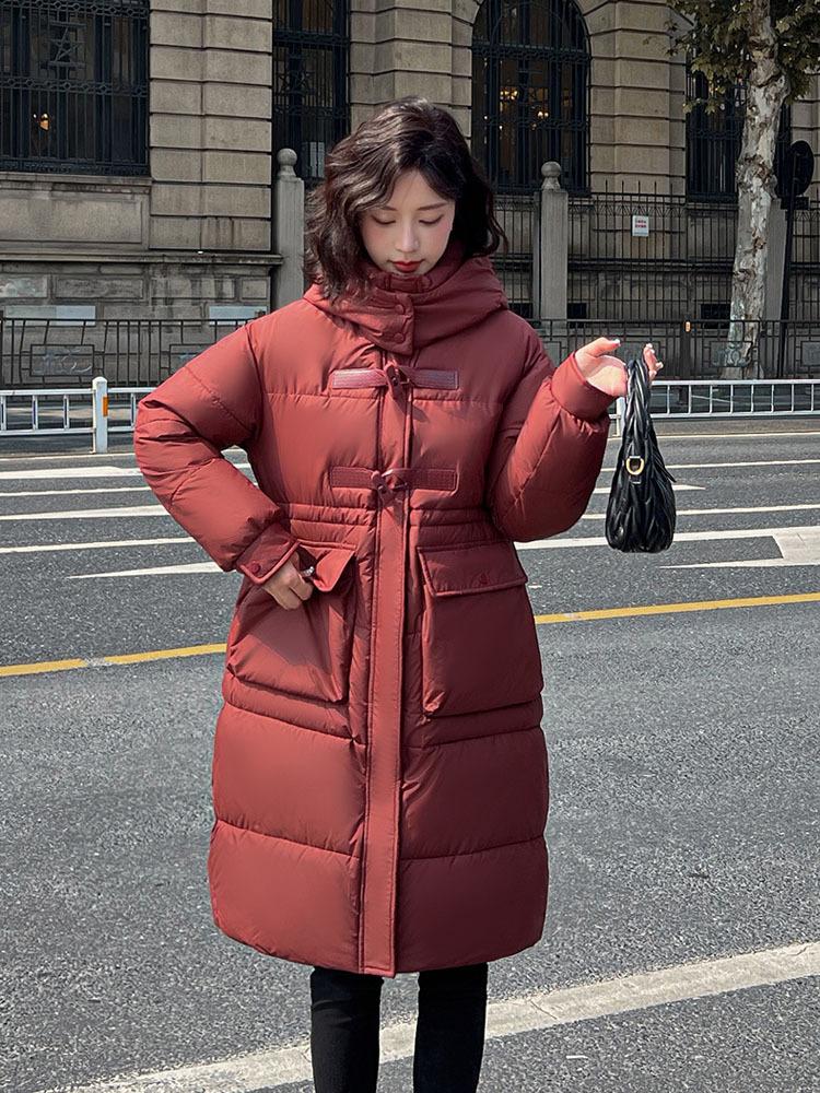 Loose waist and thin down cotton-padded clothes for women's medium and long niche thickened hooded cotton-padded jacket winter coat