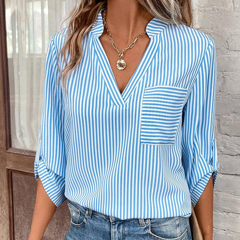 Fashion Spring Summer Half Sleeve V Neck Women Striped Single Pocket Pullovers Shirt Blouse Top