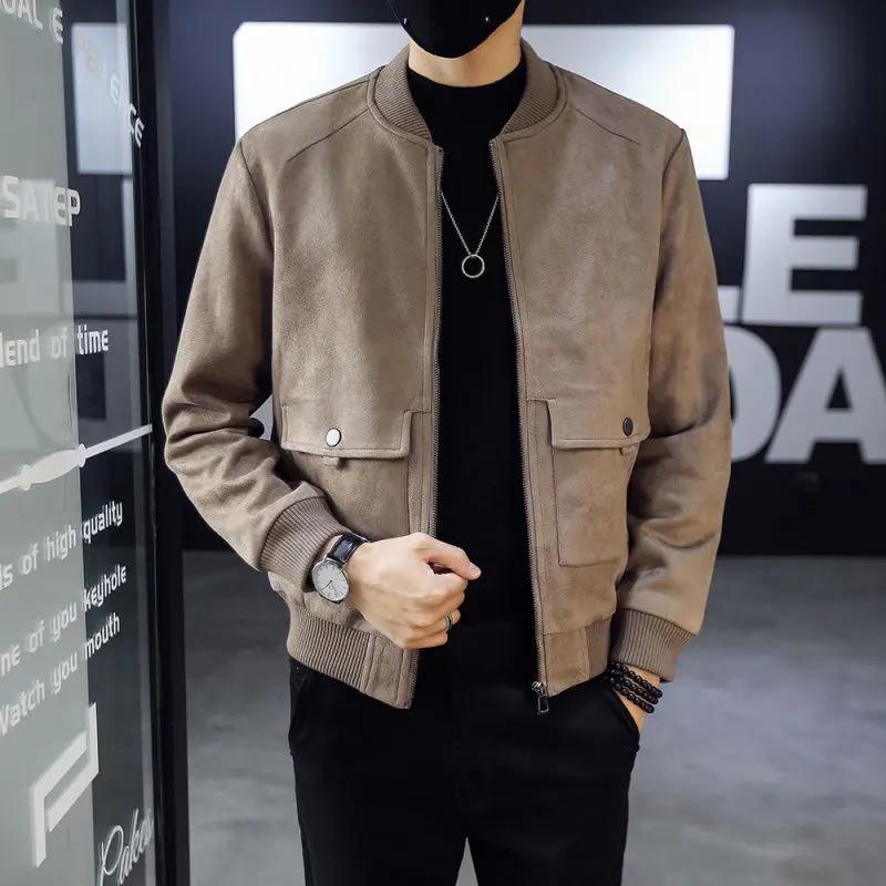 Men's Bomber Suede Leather Jackets Baseball Winter Sales of Slim Fit Male Cargo Coats Solid Color Harajuku New Clothing Fashion