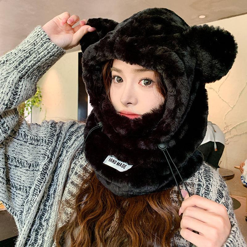 Fleece Thick Mask Scarf Integrated Cycling Warm Women's Scarf One-piece Plush Bear Ear Hat Men