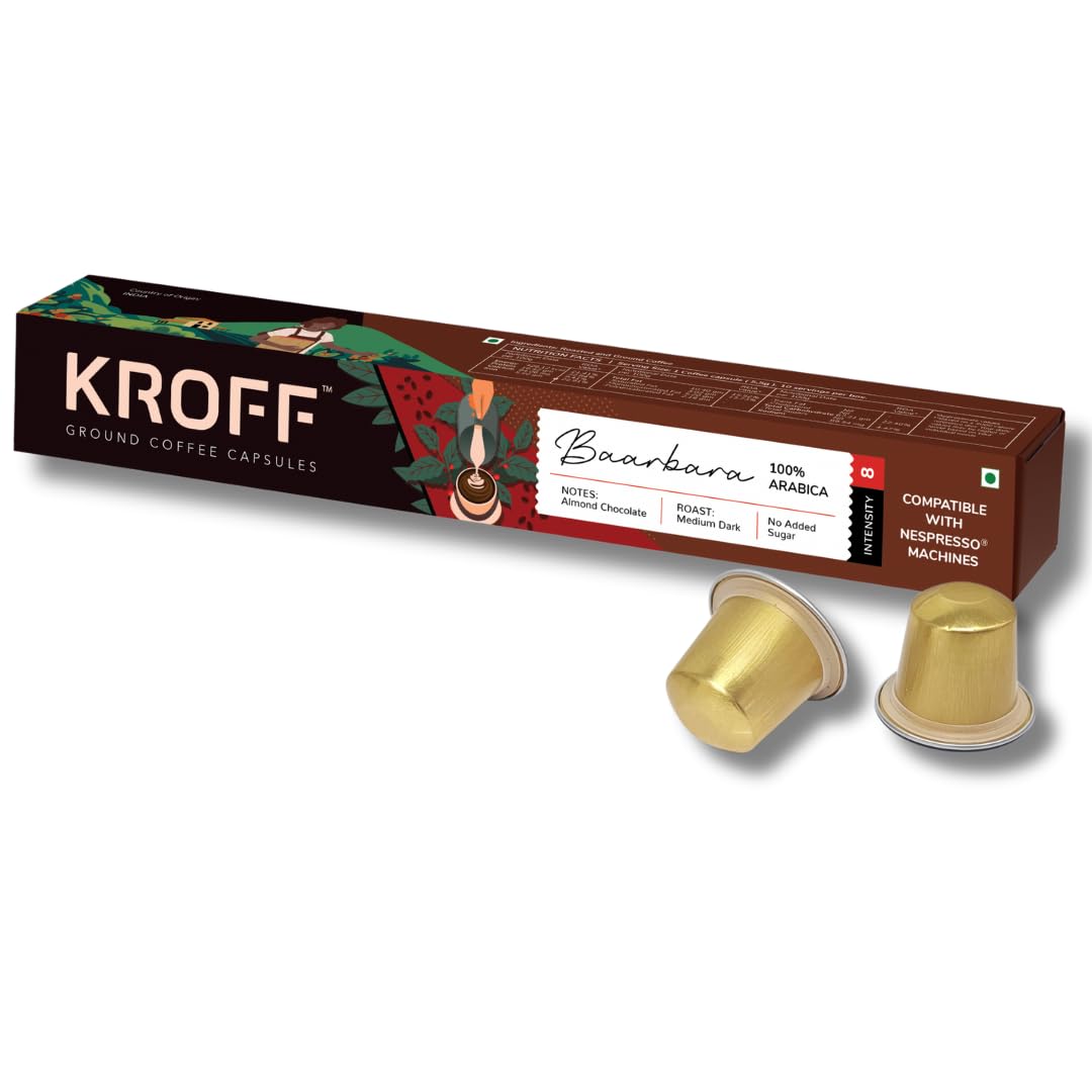 KROFF Baarbara Aluminium Coffee Capsules, Medium Dark Roast Arabica Roast | Remarkable Taste | 10 Pods Per Box | Nespresso Compatible Coffee Pods