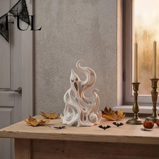 Creative Window Ornament Halloween Flame Ghost Figurine, 3D Printed Spooky Sculpture Fantasy Desktop Accessory with Pumpkins, Abstract Statue