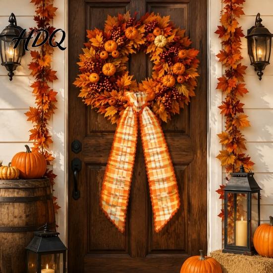Scalloped Edge Wreath Ribbon Fall Sash for Front Door 55 Inch Plaid Gingham Autumn Wedding Ornament Thanksgiving Harvest Yard Porch Doorway