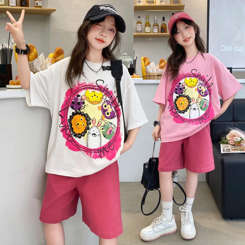 Girls' shorts set, summer new style, children's wear, summer wear, sports girl, big girl, stylish summer style, short sleeved two-piece set