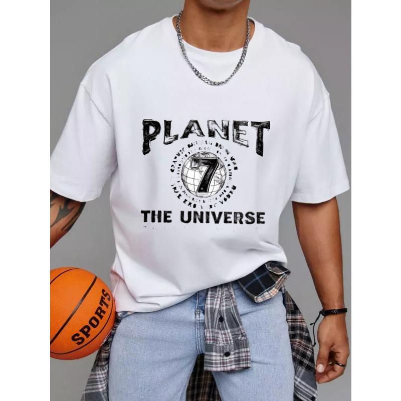Crewneck T Shirt White Planet 7 The Universe Graphic Print Casual Wear for Men and Women Streetwear Fashion Trendy Design Summer Outfit