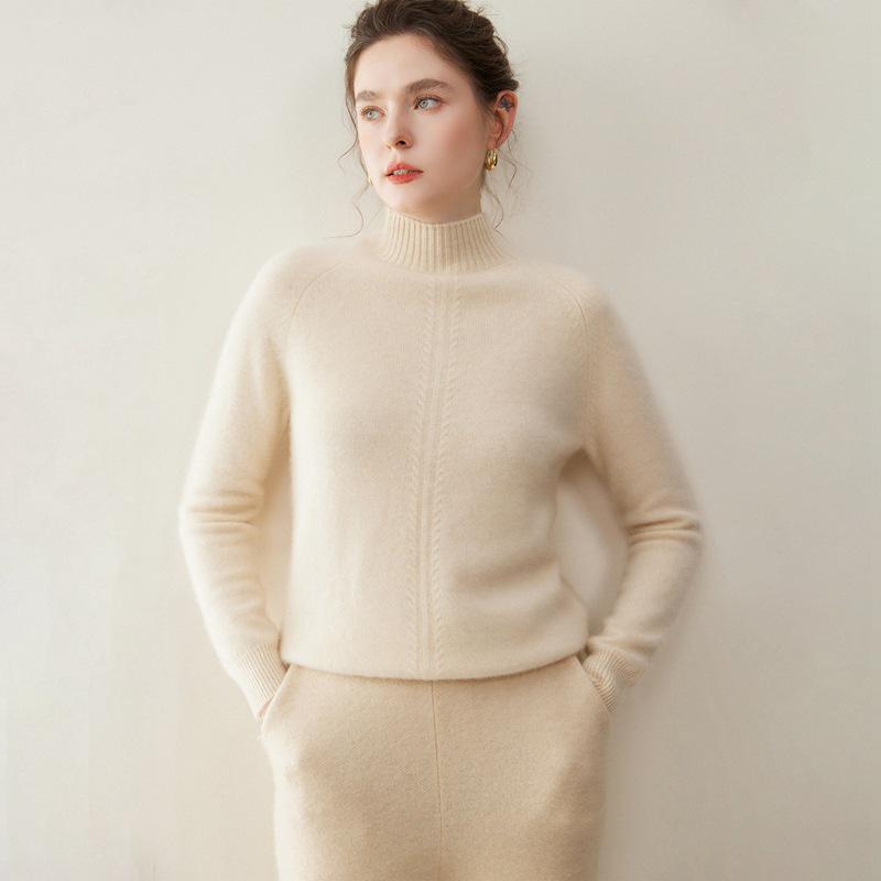 Women's Seven-Gauge Cashmere Sweater - Thick, Long-Sleeve, Solid Color, Half-High Neck Pullover for Autumn and Winter Warmth.
