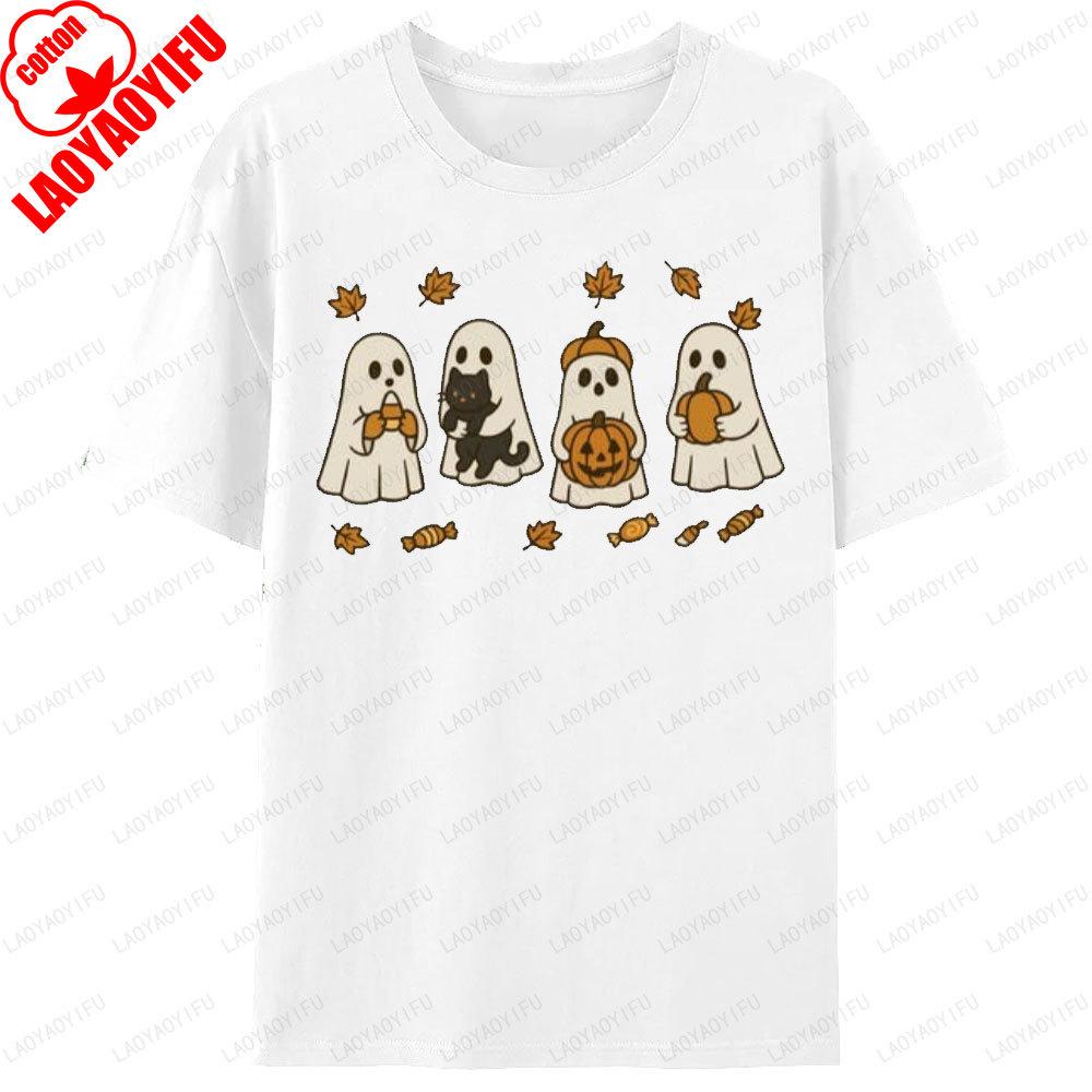 Spooky Season Ghost Cat Pumpkin Halloween Graphic T Shirts Unisex Clothes Unisex Clothing Street Fashion Crewneck Tops TShirt Gift