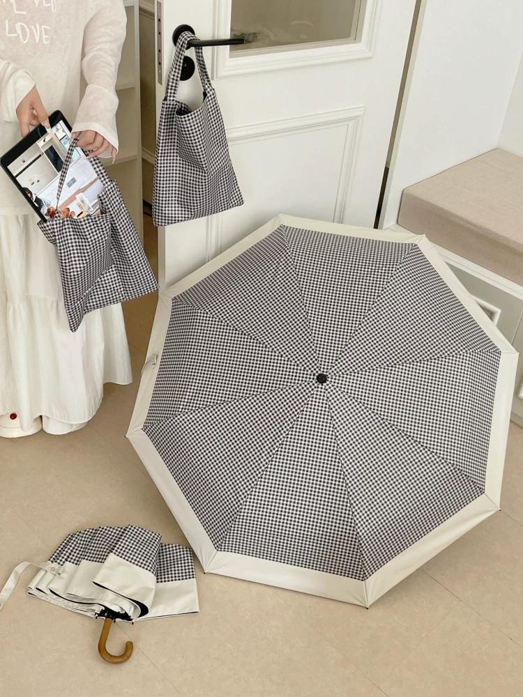 INS Black and White Plaid Sun Protection Umbrella Foldable and Portable Umbrella Female Dual-Use Black Glue UV Protection Umbrella
