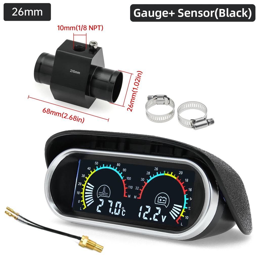 AD 2 in 1 Digitaler Wassertemperaturmesser Voltmeter 12V24V Spannungs-Temperatur-Sensor Kopfstecker Verbindungsschlauch Sensor Kühlerschlauchadapter