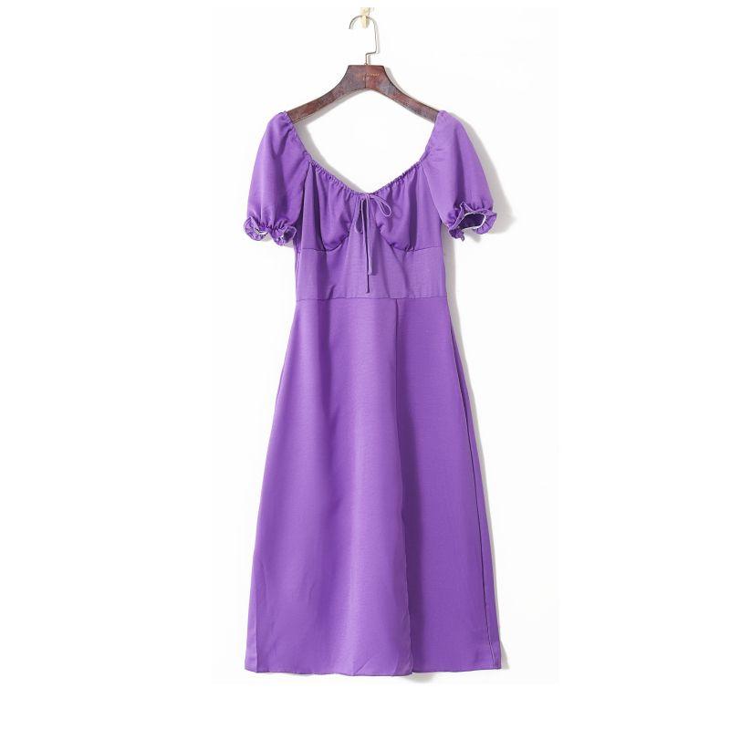 

2023 Summer Women s Clothing Fashion K-style Fresh Pure Color Elegance Square Collar Tube Top Puff Sleeves High Waist Silm Dress Purple S