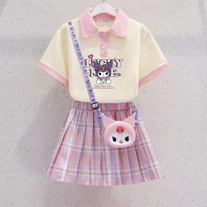 Kuromi Girls' Summer Cartoon JK Skirt Set - Short Sleeve Dress for Middle and Big Kids