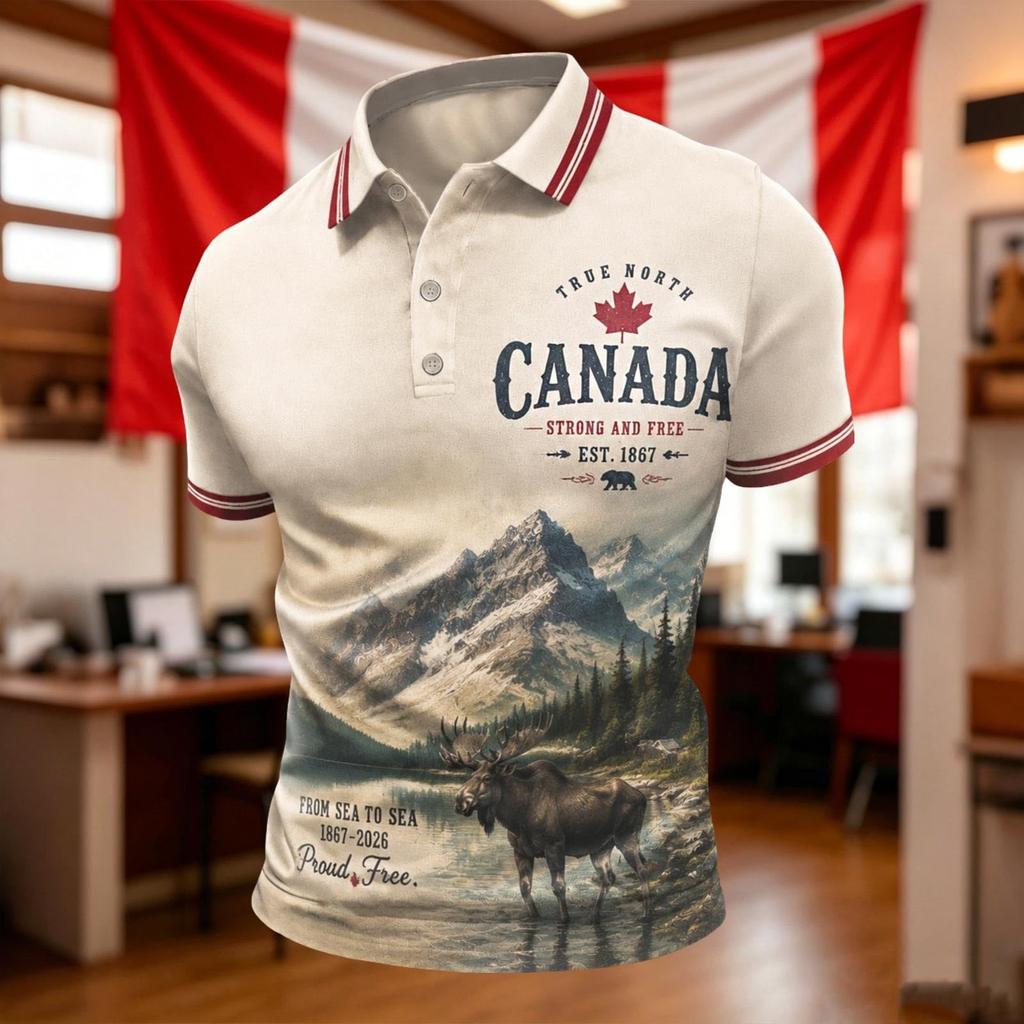 Men's Soccer Fan Polo Shirt Canada Themed Short Sleeve Breathable Mesh Fabric Lightweight Comfortable Fit Collar Buttoned Front