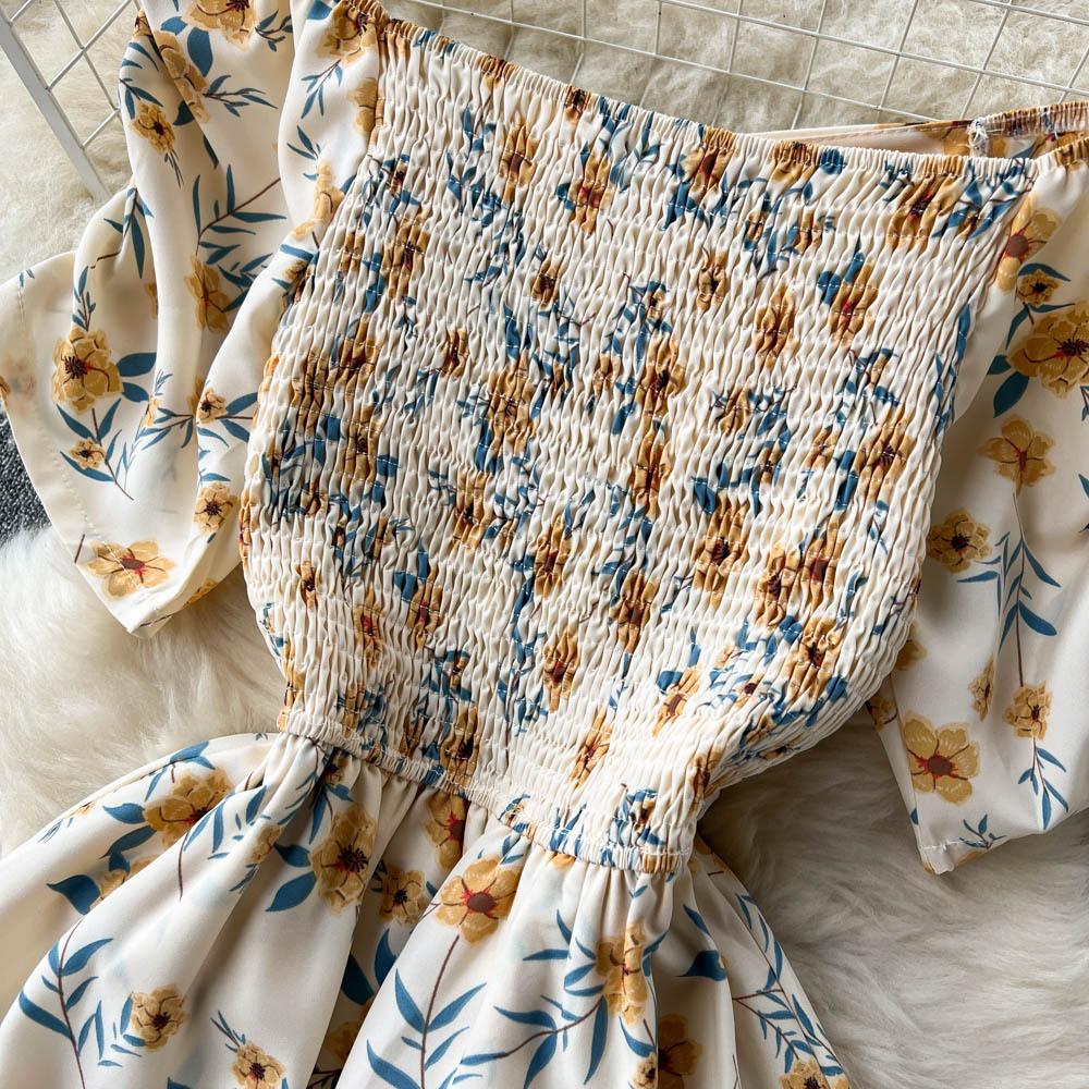 Blumenkleider Damen Sommer Französische Eustoma Ein Schulter Kurze Ärmel Teepause Schlitz Knielang Kleid