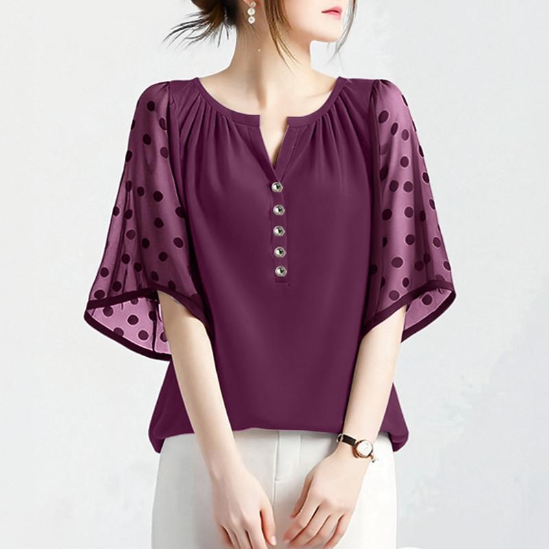 ZANZEA Women Casual V-Neck Mesh Splice Half Sleeve Blouse