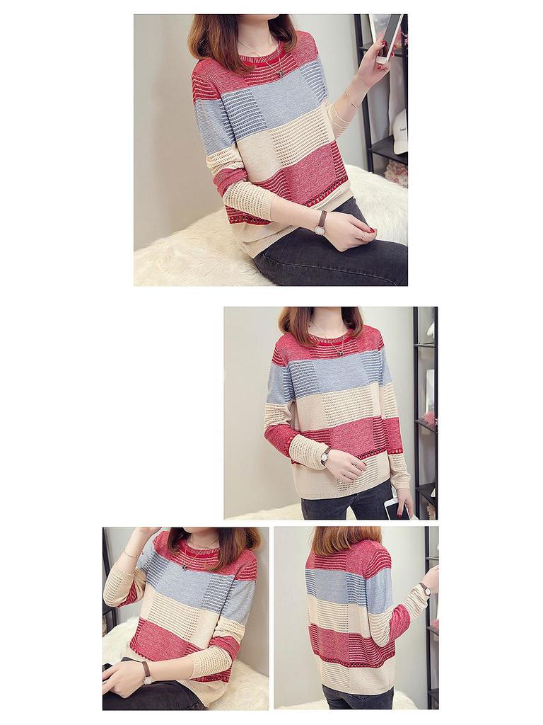 Women's Color Block Knitted Pullover: Spring & Autumn Loose Striped Long Sleeve Sweater with Hollow Thin Cardigan Design