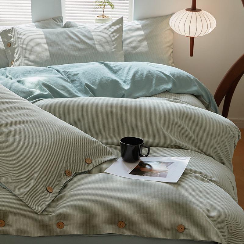 Retro Japanese Style Washable Cotton Bedding Set - Plain Stripe, Button Design, 3-Piece