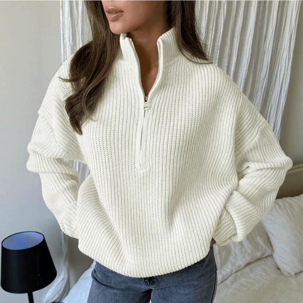 Women's Oversized Knit Pullover Sweater with Zipper, Versatile Casual Top for Fall and Winter