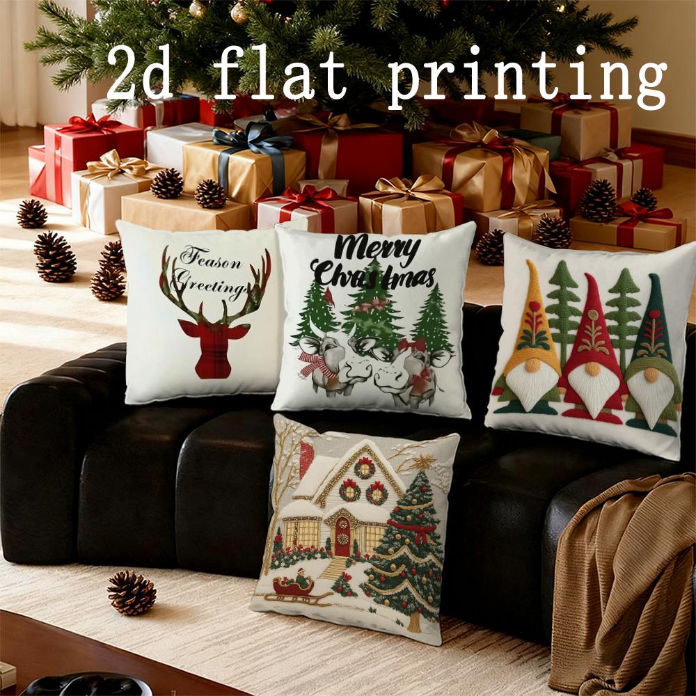 Home Decor Christmas-themed Gnome & Deer Print Pillowcases Pattern Cushion Cover Suitable for Sofa Bedroom Car Pillow Cover