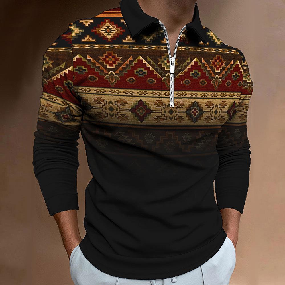 Ethnic Geometric Print Long Sleeve Zip Polo Shirt, Trendy Casual Top