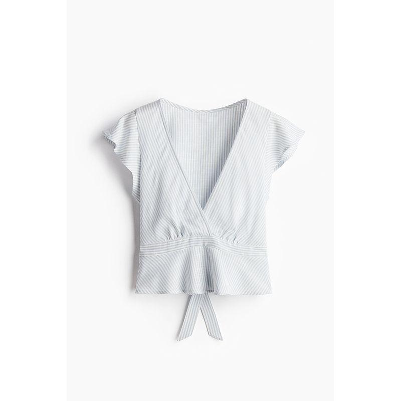 

HM Women s Shirt 2025 Summer New Arrival Linen Blended V Neck Waist Trimming Short-Sleeved Shirt Tops 1282195