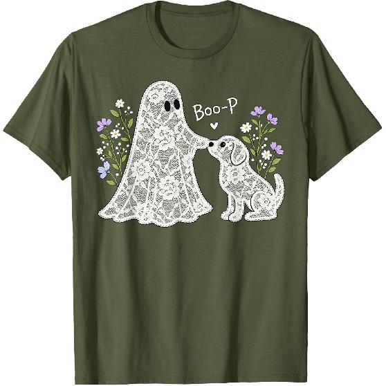 Boo-P Floral Ghost and Dog Halloween Boop Humor Design T-Shirt