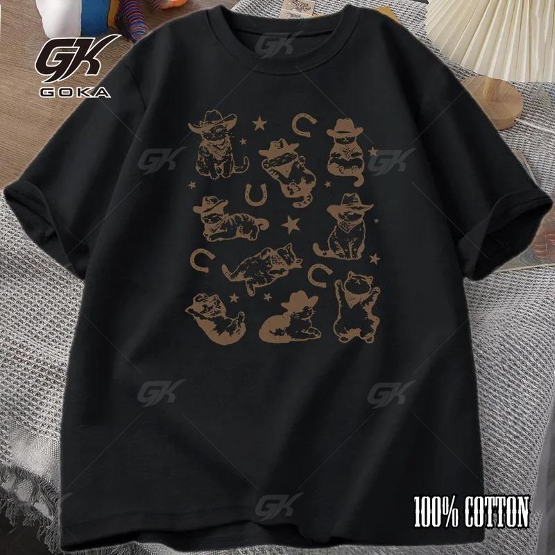 

Футболка с ковбоем-котом, забавная футболка с принтом кота, ретро-западная кошачья эстетика, повседневный узор Харадзюку, смешная женская футболка 4XL