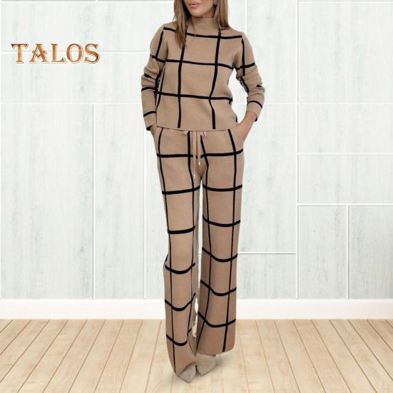 2 pezzi/set pantaloni da donna, top e pantaloni, colletto alto, stampa scozzese, maniche lunghe, camicetta ampia, pantaloni larghi a vita alta elastici con tasche, OL