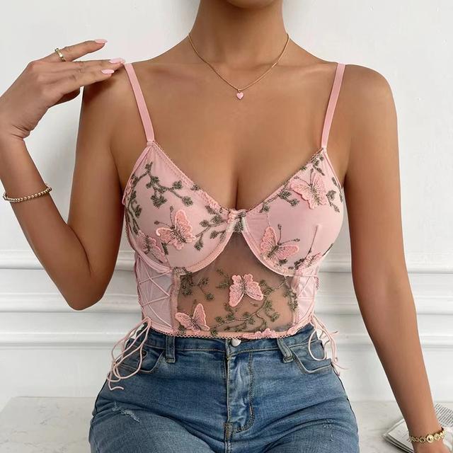 Sommer Floral Stickerei Crop Tops Frauen Spitze Mesh Schmetterling Gummiband Cami Top Damen Sexy Casual Backless Kurze Tank Top