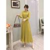 Women Slim Pleated Maxi Dress with Belt Female Streetwear Vintage Dress Tie Front Dress  Robe