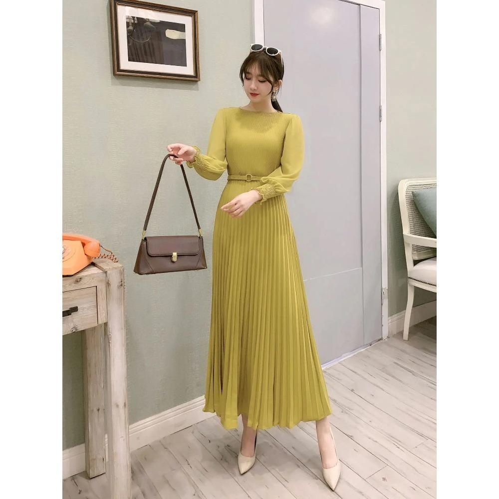 Women Slim Pleated Maxi Dress with Belt Female Streetwear Vintage Dress Tie Front Dress  Robe