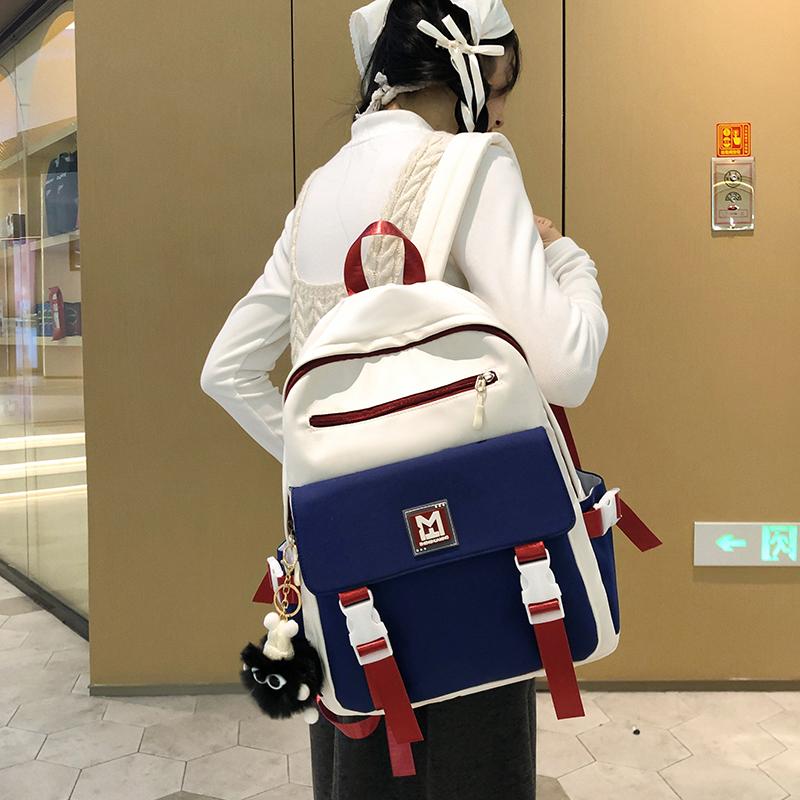 Student Block Color Schoolbag Women's College Style Backpack Large Capacity Backpack