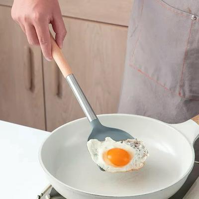 Silikonspatel, langer Buchengriff, lebensmittelecht, hitzebeständig, spülmaschinenfest, antihaftbeschichtet, Pfanne, Topf, Kochwender, Kochgeschirr, Utensilien, Küchenzubehör