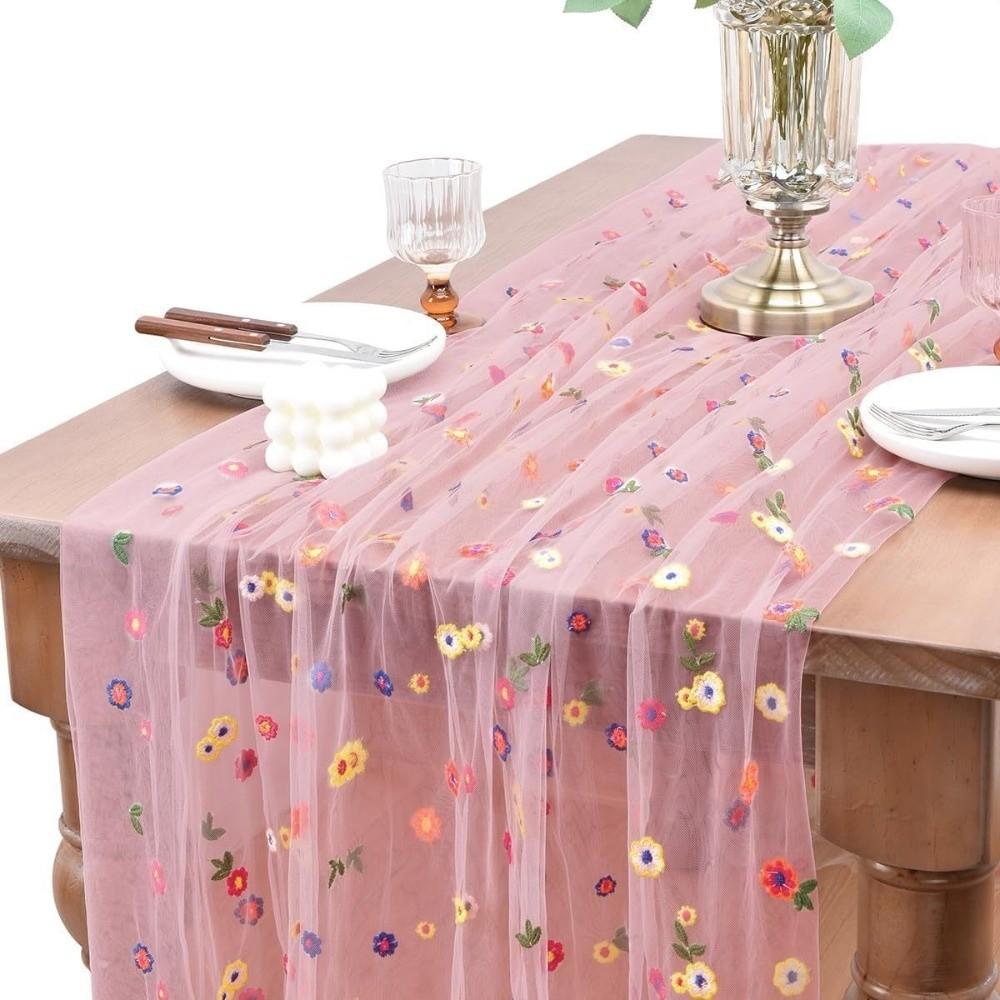 Vintage Stickerei Gänseblümchen Tischläufer Halbtransparent Boho Tüll Tischläufer Leicht zu reinigen Elegante Blumige Tischdecke Geburtstag